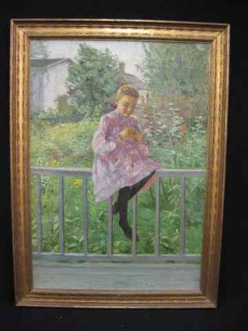 Appraisal: Ada Walter Shulz Oil Impressionistic girl seated on railing by