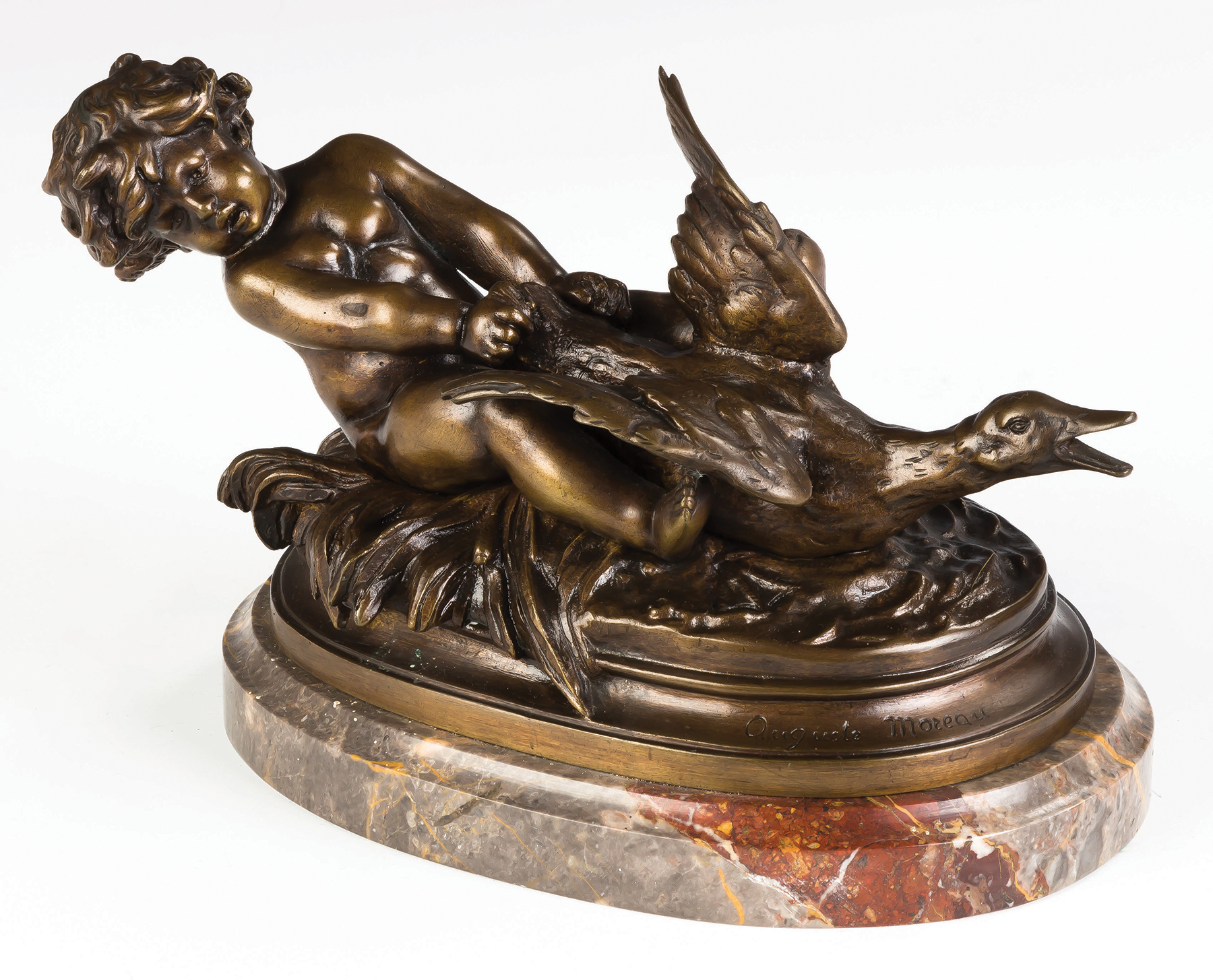 Appraisal: Auguste Moreau French - Bronze of a Putti and Goose