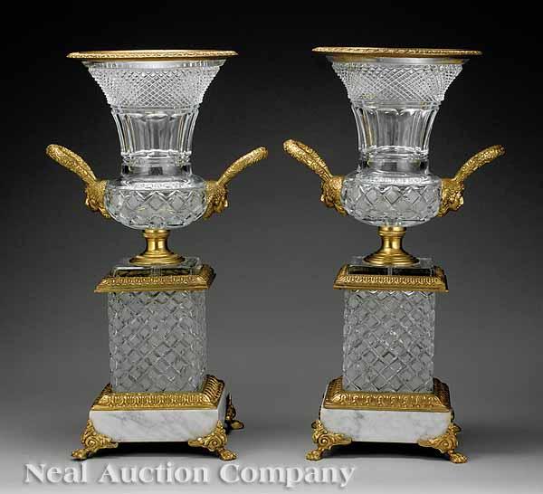 Appraisal: A Pair of Neoclassical-Style Cut Crystal Bronze-Mounted and Marble Urns