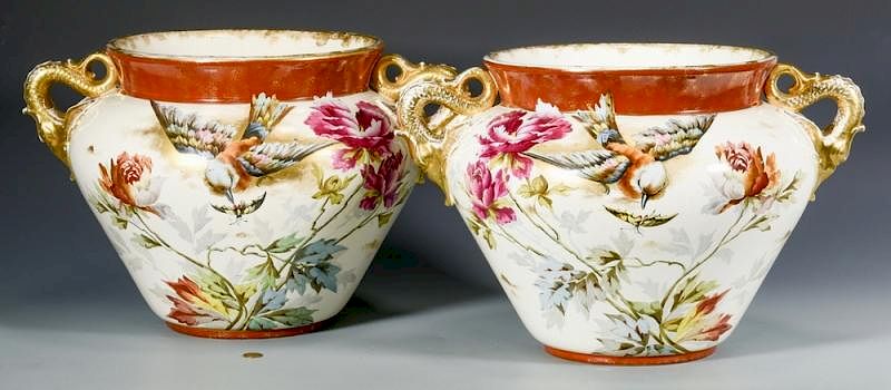 Appraisal: Pr Hand Painted Aesthetic Jardinieres Birds Pair of Aesthetic Movement