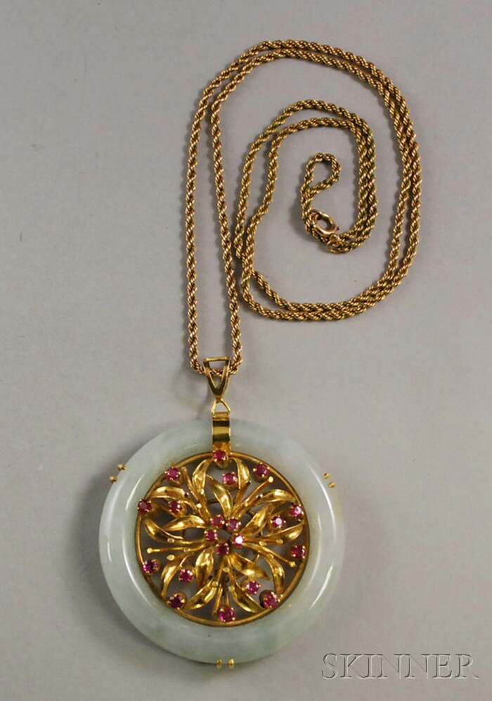 Appraisal: kt Gold Jade and Ruby Pendant designed as a gold