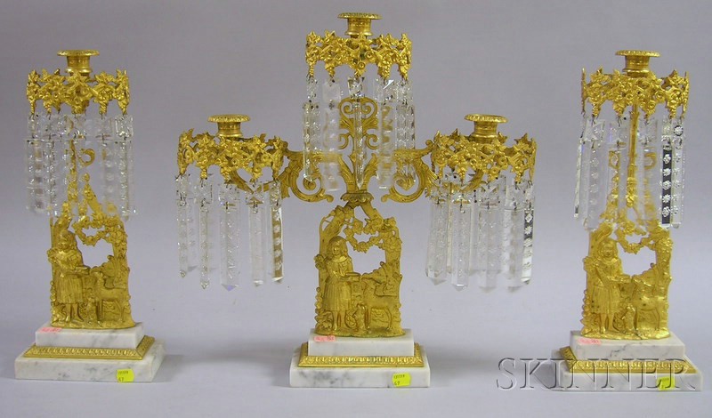 Appraisal: Three-piece Gilt-metal Figural and Marble Girandole Set with Prisms