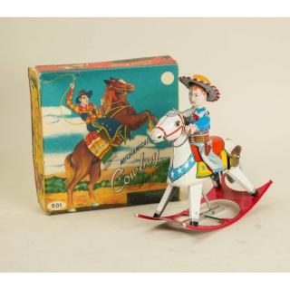 Appraisal: Cranston Mechanical Cowboy on Riding Horse w Box Cragstan mechanical