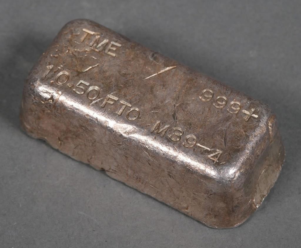 Appraisal: Vintage hand-poured silver bar branded TME weighing FTO fine Troy