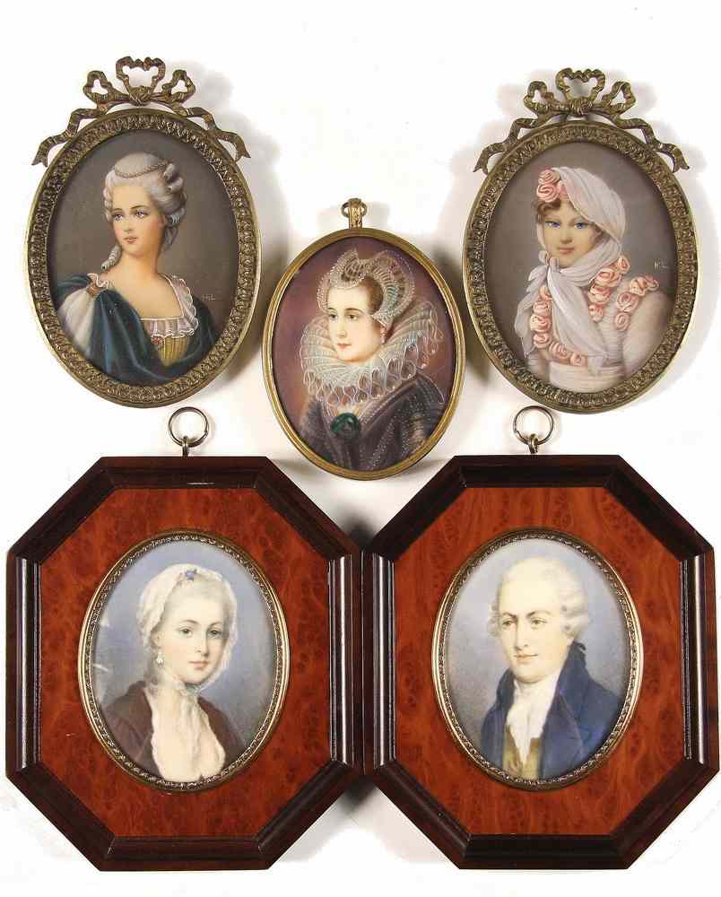 Appraisal: MINIATURE PORTRAITS - Five Replica Miniature Portraits on Ivory including