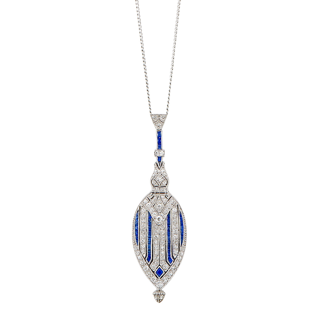 Appraisal: Platinum Diamond and Sapphire Pendant-Watch with White Gold Chain Mechanical