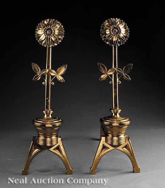 Appraisal: A Pair of American Aesthetic Brass Sunflower Andirons th c