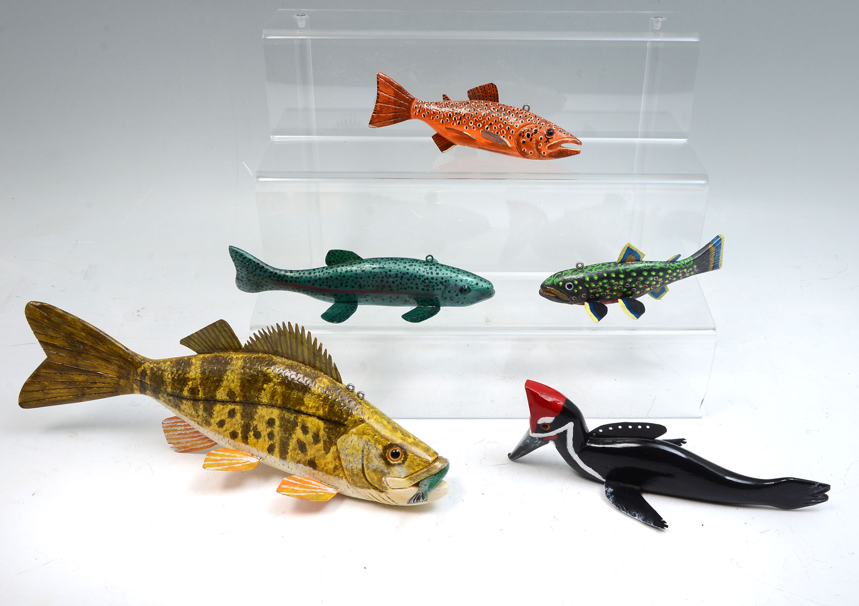 Appraisal: FIVE FLOYD OSGA HAND CARVED AND PAINTED FISH DECOYS To