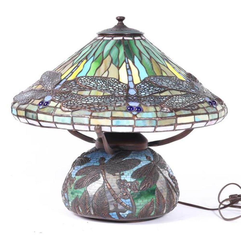 Appraisal: VINTAGE CONTEMPORARY TIFFANY STYLE STAINED LEADED GLASS DRAGONFLY TABLE LAMP