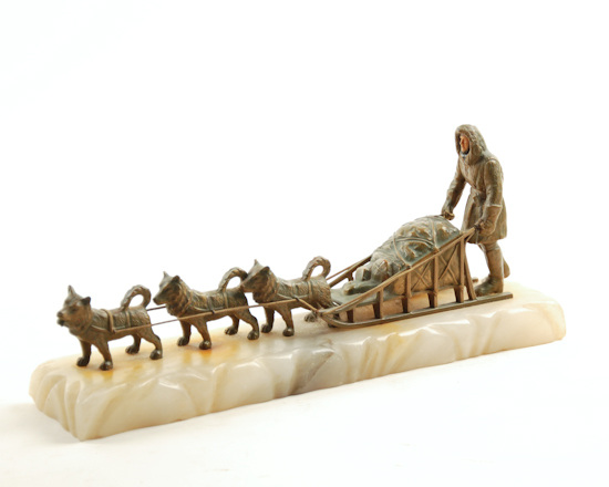 Appraisal: Bronze Dog Sled on Quartz Base unsigned high long