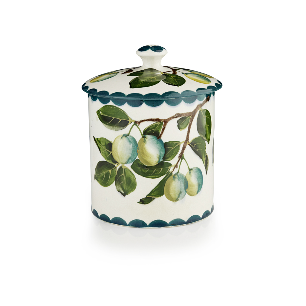 Appraisal: A WEMYSS WARE BISCUIT BARREL COVER 'GREENGAGES' PATTERN CIRCA impressed