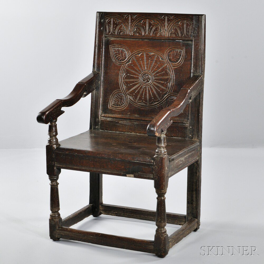 Appraisal: Carved Oak Wainscot Chair England th century center rosette and