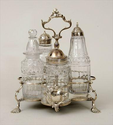 Appraisal: George III Silver Armorial Cruet Frame with Four Cut-Glass Casters