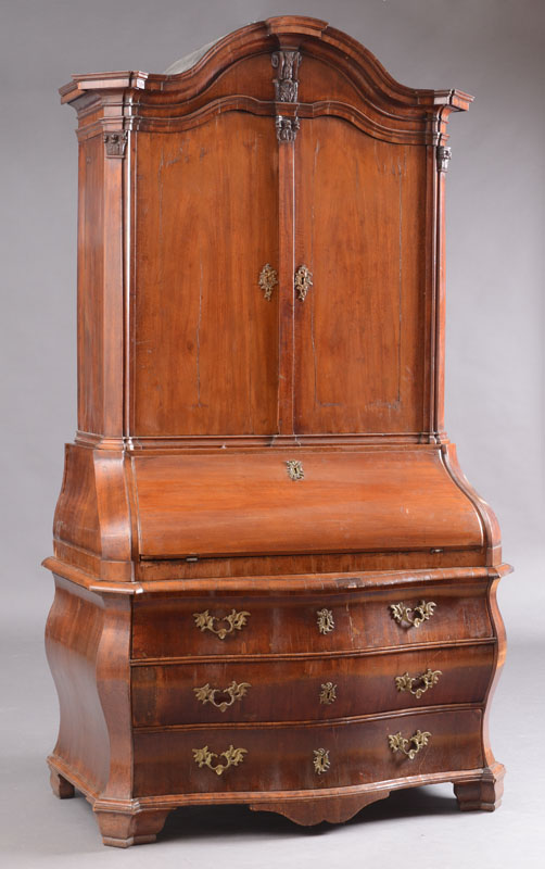 Appraisal: DUTCH ROCOCO GILT-BRONZE-MOUNTED MAHOGANY BUREAU BOOKCASE The molded arched cornice