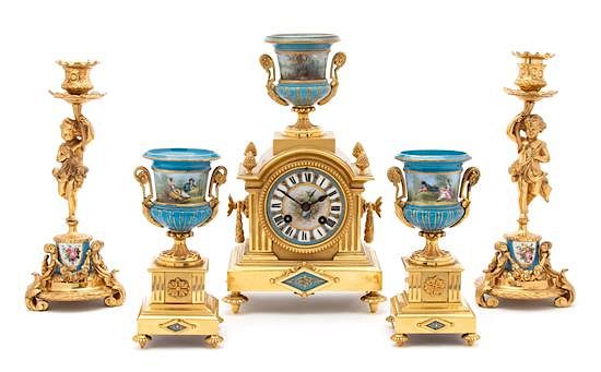 Appraisal: A French Gilt Bronze and Sevres Style Porcelain Clock Garniture