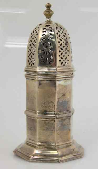 Appraisal: An octagonal silver sugar caster maker's mark rubbed Chester with