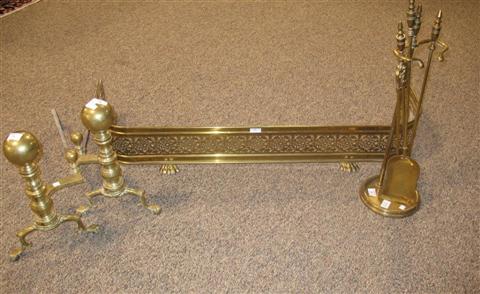 Appraisal: PAIR OF BRASS ANDIRONS FIRE FENDER AND SET OF FIRE