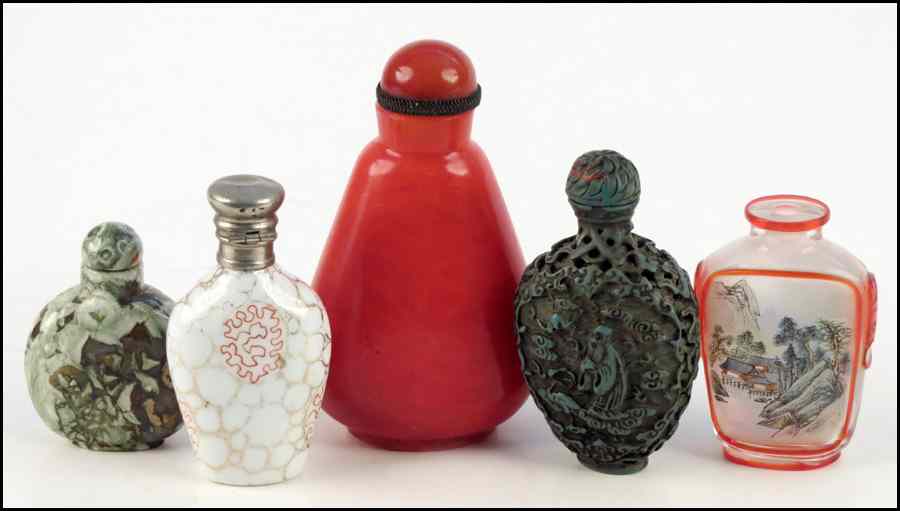 Appraisal: GROUP OF FIVE SNUFF BOTTLES Tallest '' Condition No Specific