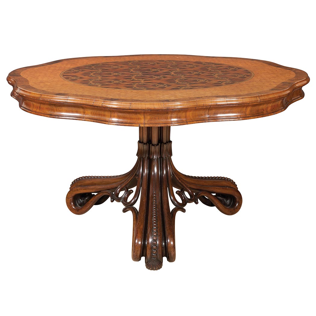 Appraisal: English Parquetry Inlaid Burl-Walnut Mahogany Rosewood Tulipwood and Satinwood Tilt-Top