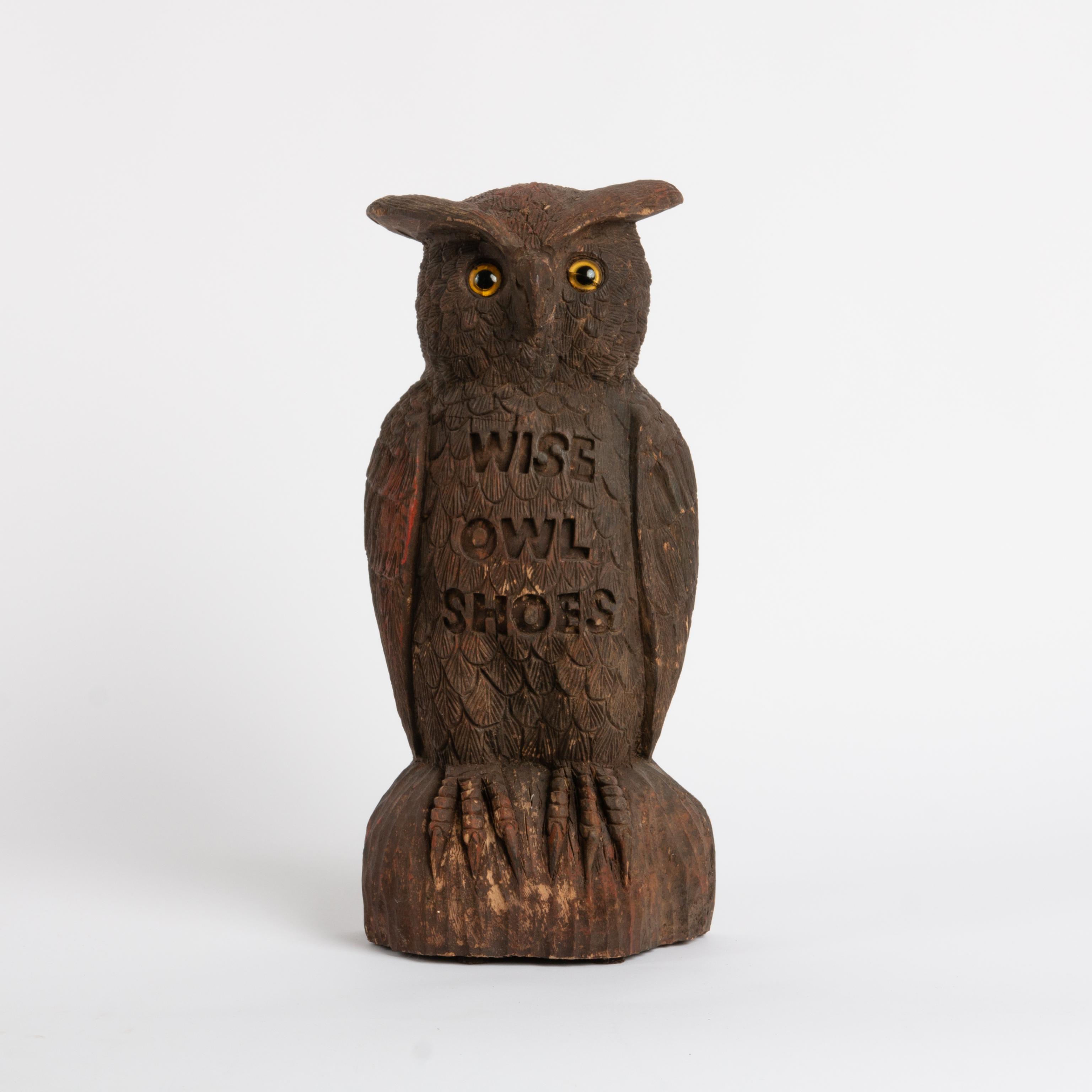 Appraisal: WISE OWL SHOES CARVED WOOD TRADE SIGN A countertop advertising