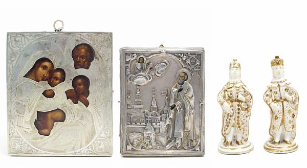 Appraisal: Two silver mounted Russian icons together with two porcelain figures