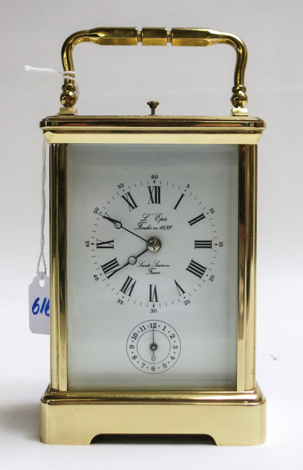 Appraisal: FRENCH L'EPEE REPEATER CARRIAGE CLOCK with brass Corniche case platform