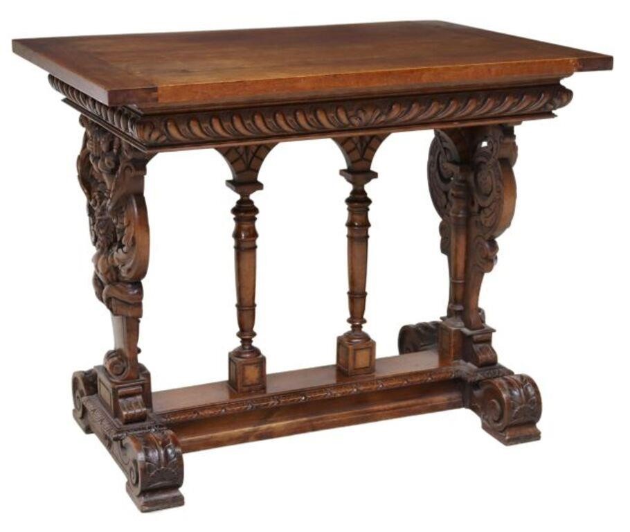 Appraisal: French Renaissance Revival walnut table th c rectangular top carved