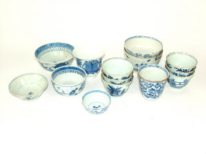 Appraisal: Fifteen oriental blue and white tea bowls some painted with