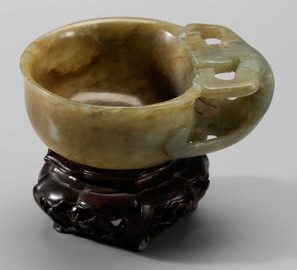 Appraisal: Jade Libation Cup Chinese grayish-green and olive mottled jade with