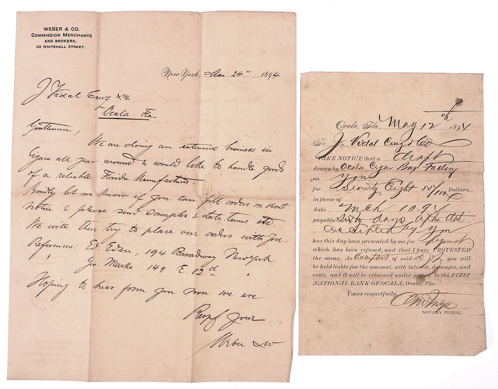 Appraisal: TAMPA OCALA CIGAR History Letters Letter and bank draft involving