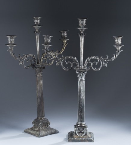 Appraisal: Pair of Sheffield Silverplate Candlesticks Hallmarked on base Three arm