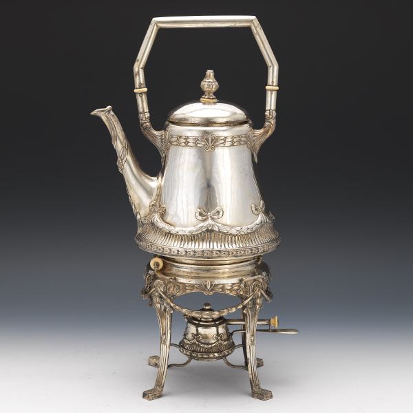 Appraisal: AUSTRO-HUNGARIAN JUGENDSTIL HOT WATER KETTLE ON STAND x Jugendstil silver