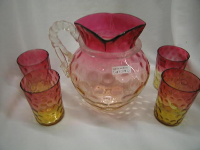 Appraisal: Boston Sandwich Amberina Water Set pitcher square style top applied