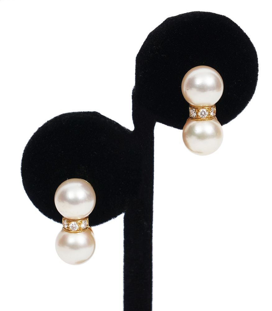 Appraisal: Cartier Diamond Pearl K YG Clip Earrings Cartier diamond pearl