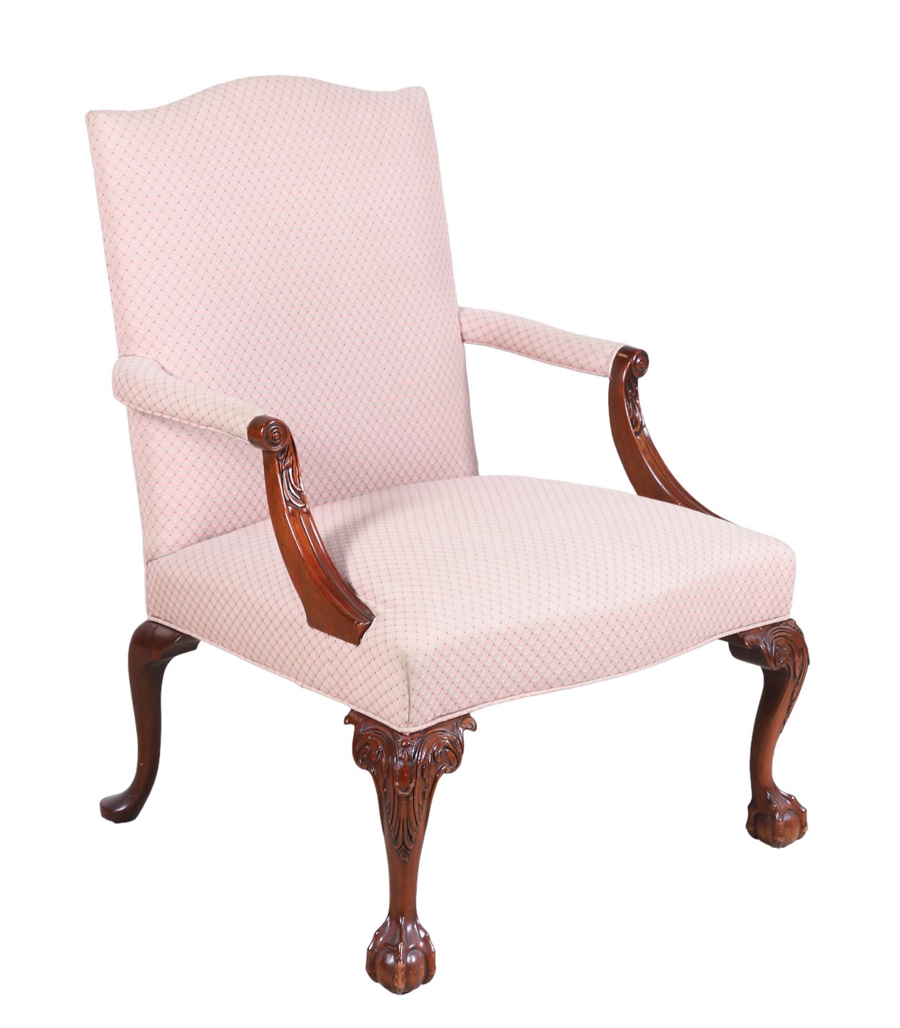 Appraisal: Chippendale style upholstered open armchair floral upholstery acanthus decorated knees