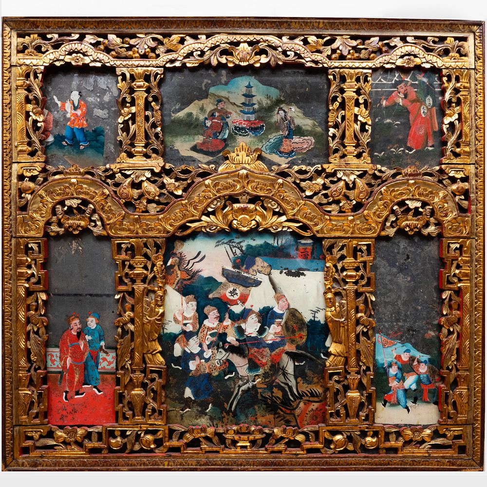 Appraisal: Elaborate Chinese Export Reverse Painting on Glass in Gilt Frame