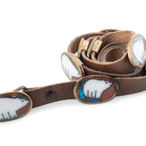 Appraisal: Southwestern-style Brass and Mosaic Inlay Polar Bear Concha Belt late