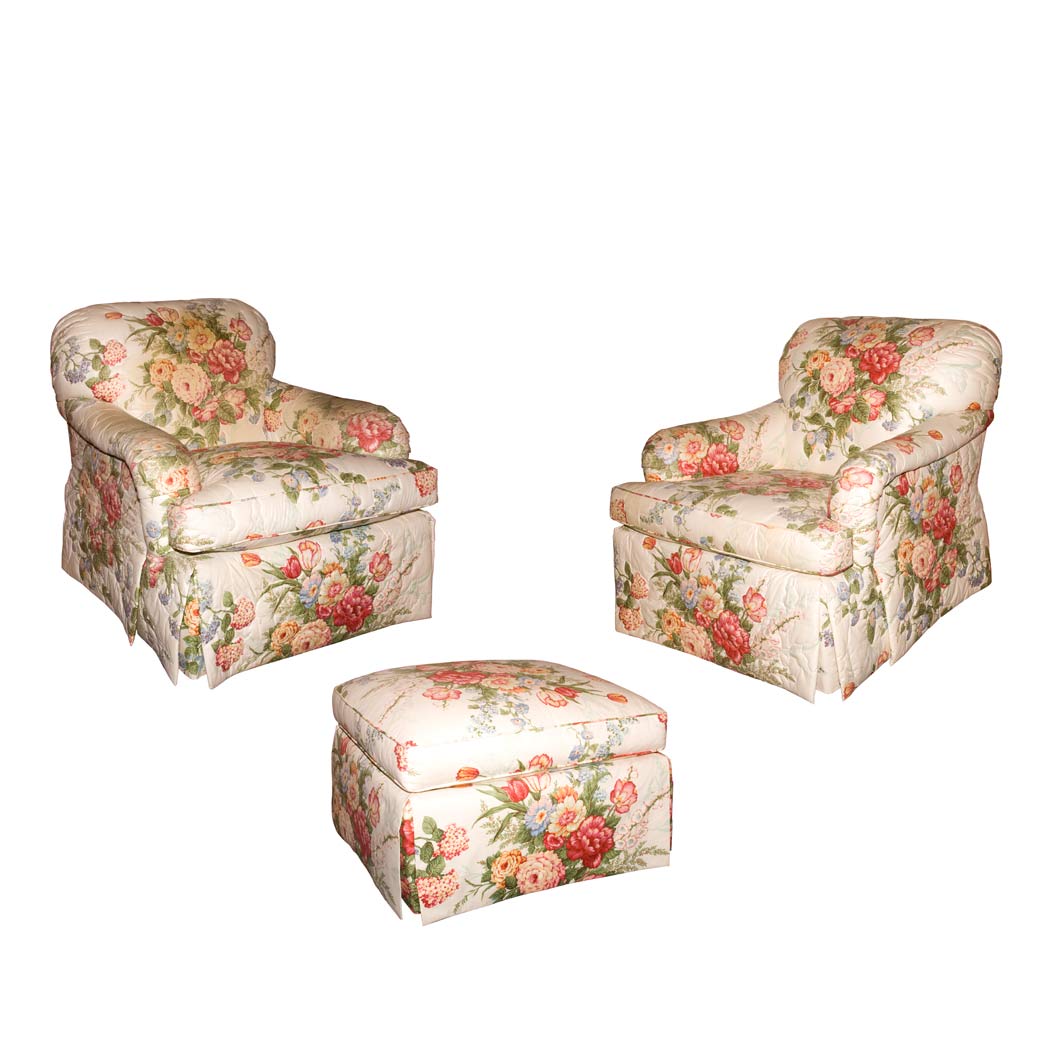 Appraisal: Pair of Chintz Upholstered Club Chairs and Ottoman en Suite