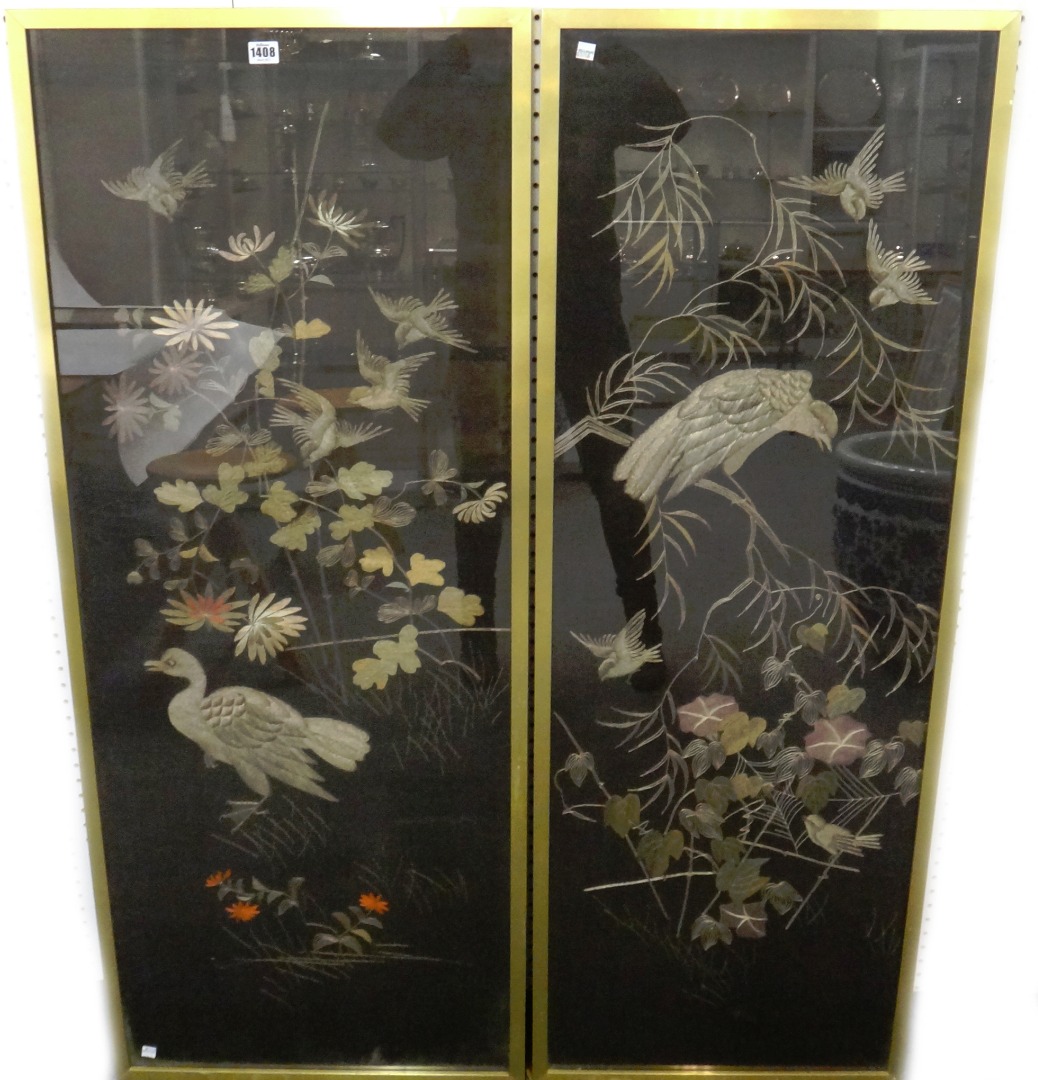 Appraisal: A pair of Japanese embroidered silk panels circa each worked