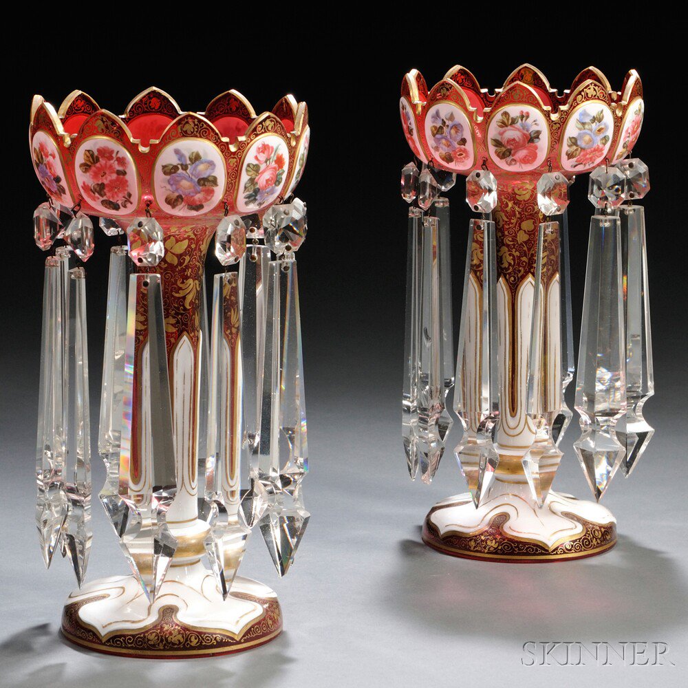 Appraisal: Pair of Bohemian Cased Glass Lustres th century white cut