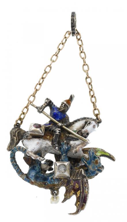 Appraisal: AN AUSTRO-HUNGARIAN JEWELLED SILVER ST GEORGE AND THE DRAGON PENDANT