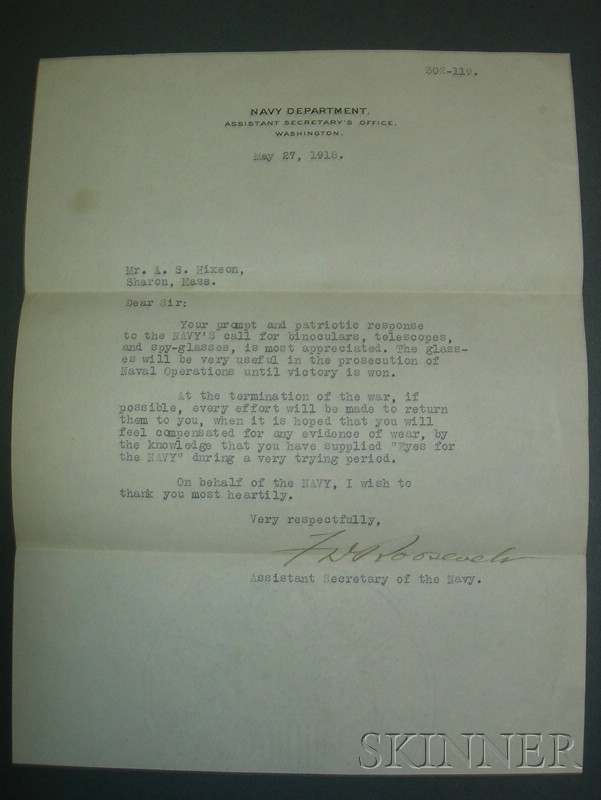 Appraisal: Roosevelt Franklin D - Signed letter typed on Navy Department