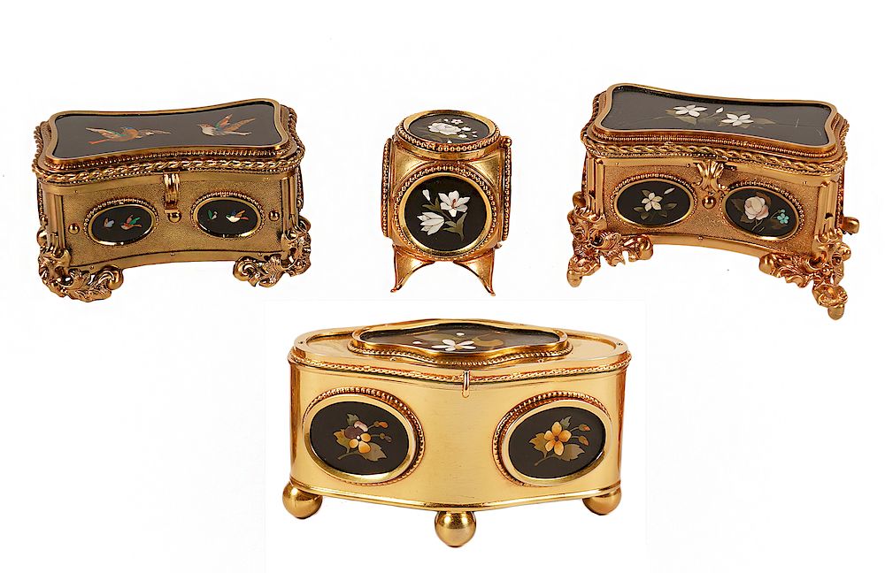 Appraisal: Group of Gilt Mounted Pietra Dora Caskets Italian gilt mounted