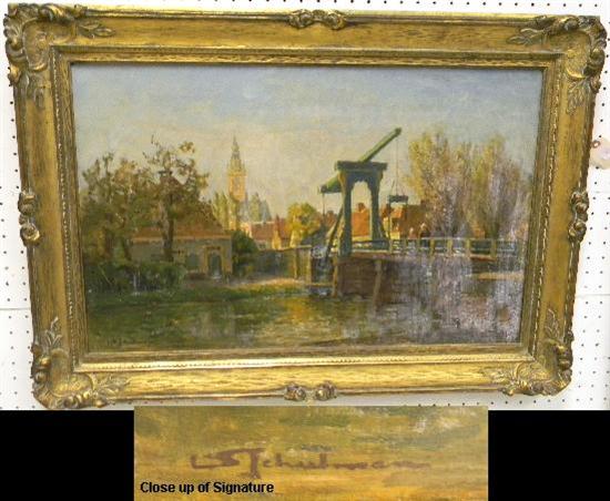 Appraisal: D Schulman Dutch - impressionistic oil on canvas Dutch drawbridge