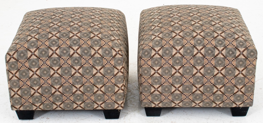 Appraisal: SQUARE UPHOLSTERED STOOLS Square upholstered stools covered in geometric jacquard