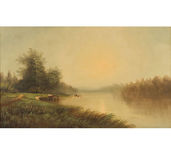 Appraisal: Rural landscape depicting several cattle drinking from the river oil