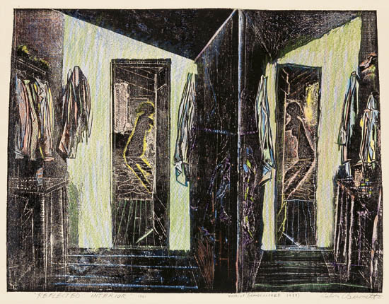 Appraisal: CALVIN BURNETT - Two handcolored woodcuts Reflected Interior handcolored in