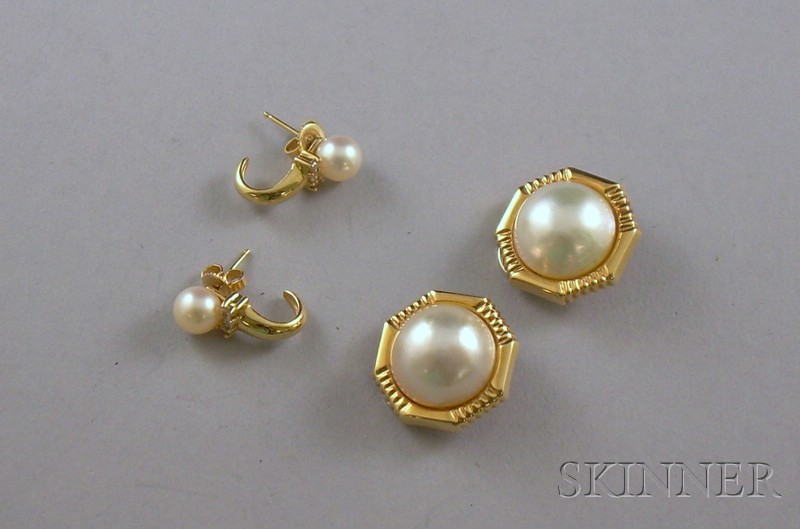 Appraisal: Two Pairs of kt Gold and Pearl Earrings one set