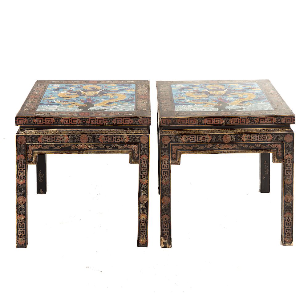 Appraisal: Pair Chinese Lacquer and Cloisonne Side Tables first half- th