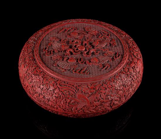 Appraisal: Sale Lot A Cinnabar Lacquer Circular Covered Box carved to